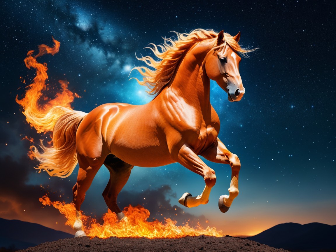 Majestic orange horse galloping under starry night sky