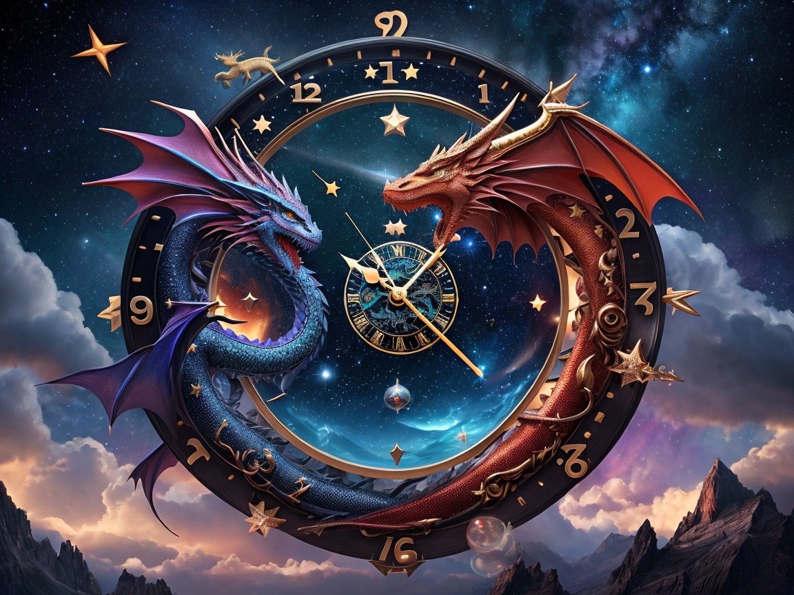 Dragons Entwined Around a Celestial Clock Scene