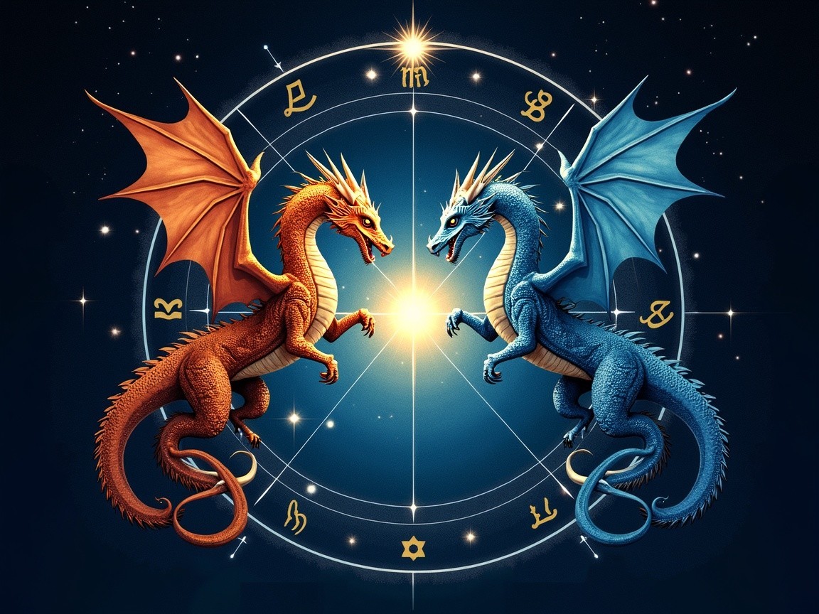Dragons in Cosmic Scene with Astrological Design