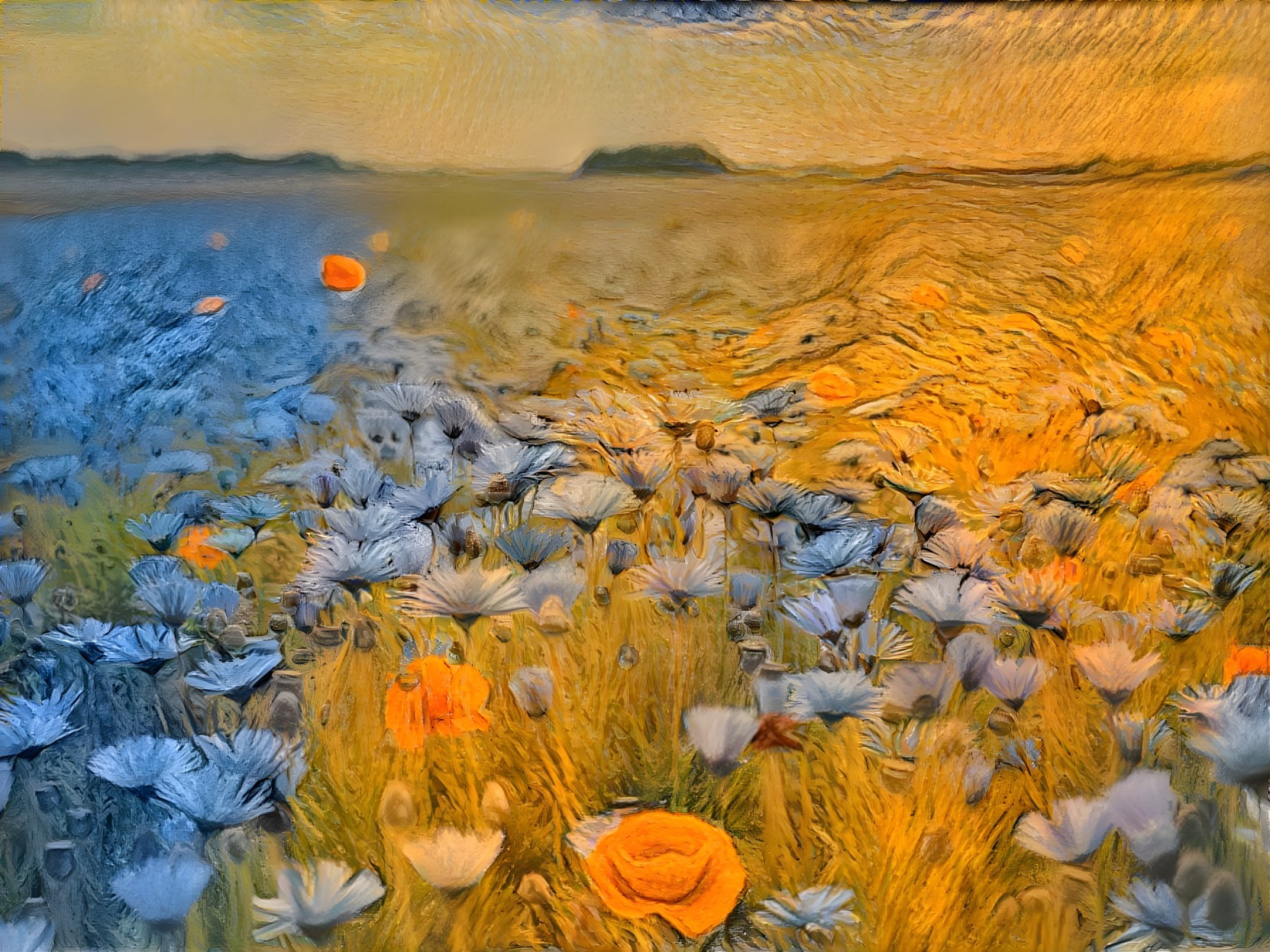Vibrant Wildflower Landscape with Golden and Blue Hues