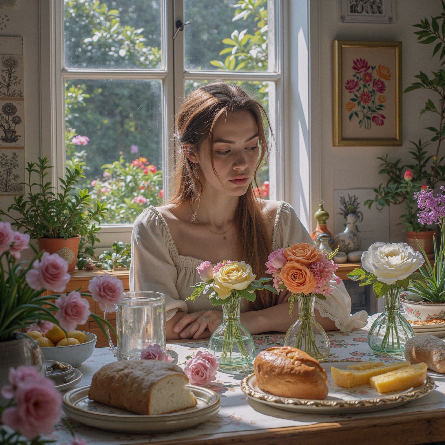Sunlit Kitchen with Flowers and Fresh Pastries
