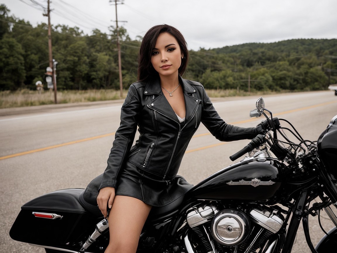 Stylish woman in leather jacket poses on motorcycle