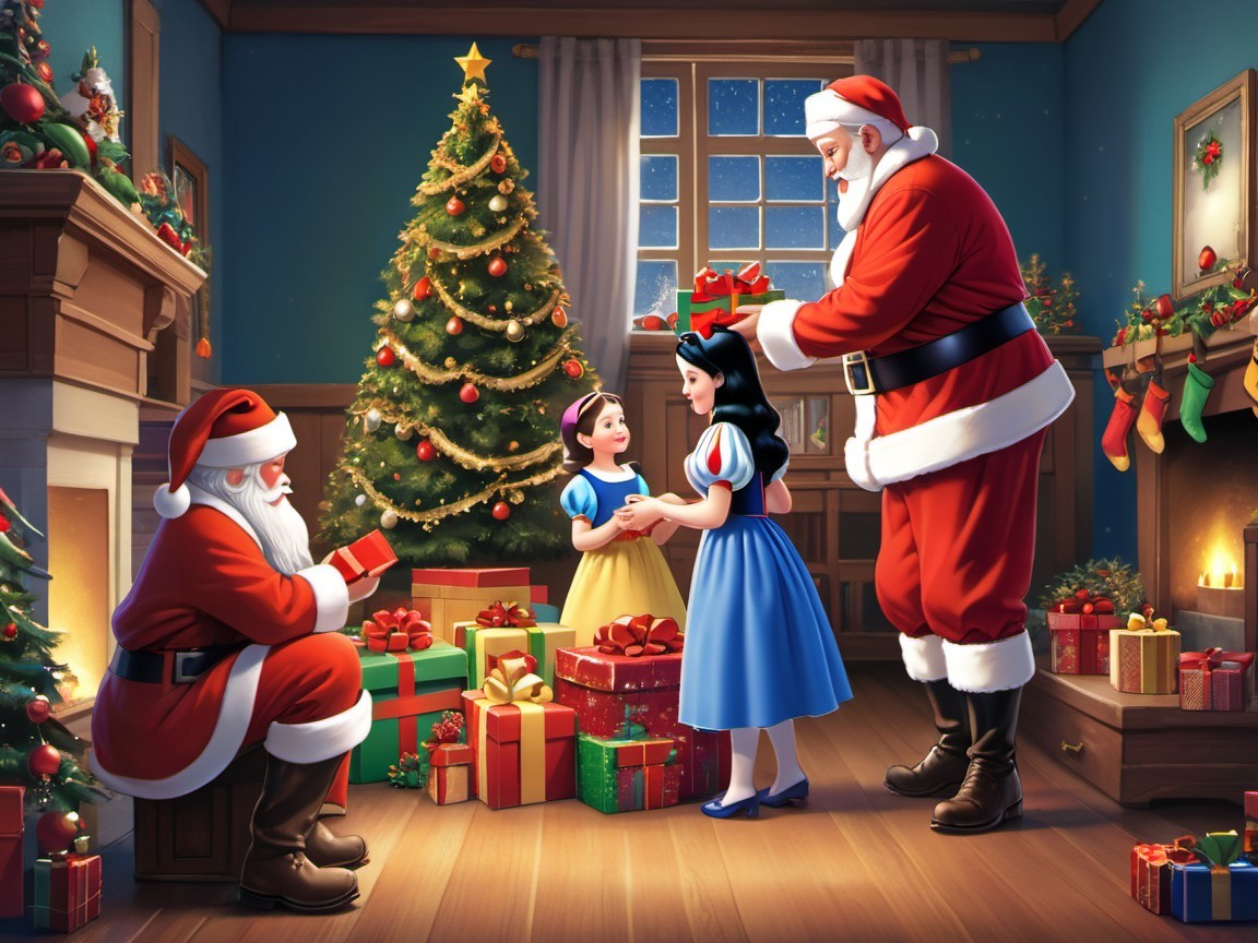 Cozy Christmas Scene with Santa and Gift Exchange