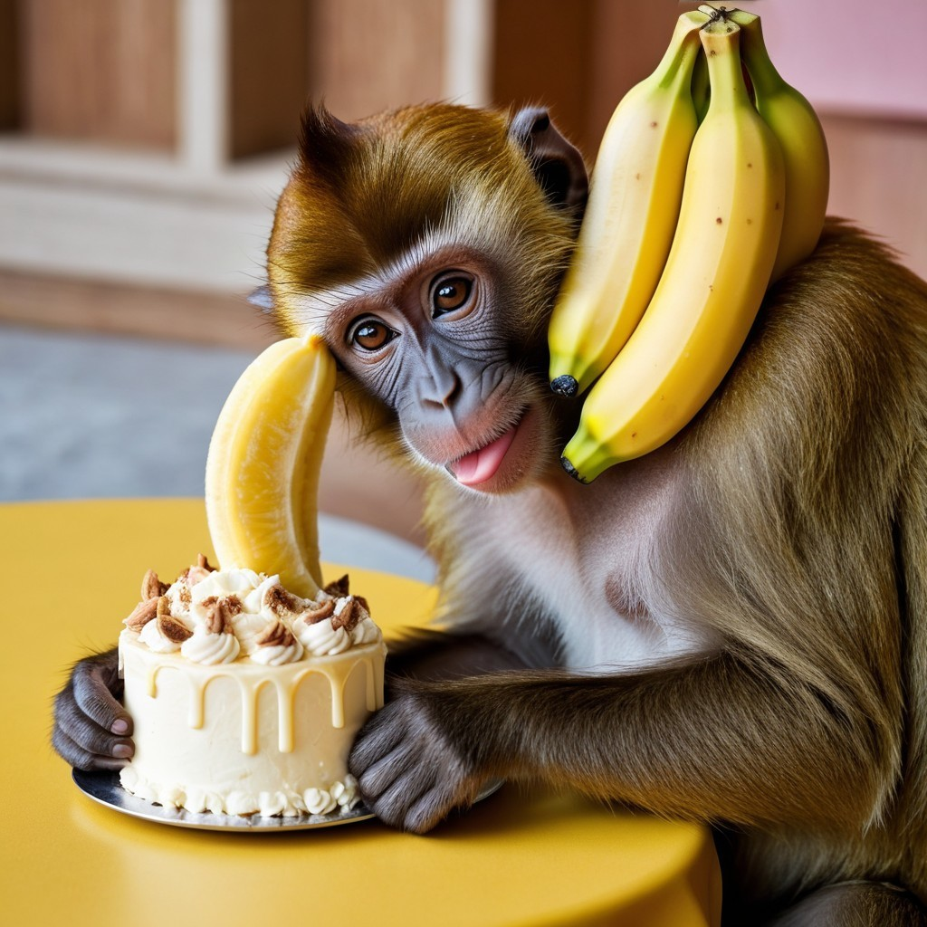 Playful monkey at yellow table with decorated cake