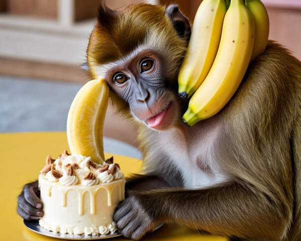Playful monkey at yellow table with decorated cake