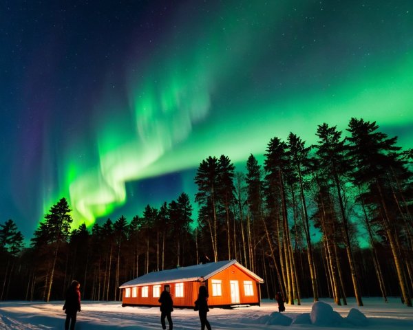 Cozy Cabin Under Northern Lights in Winter Landscape