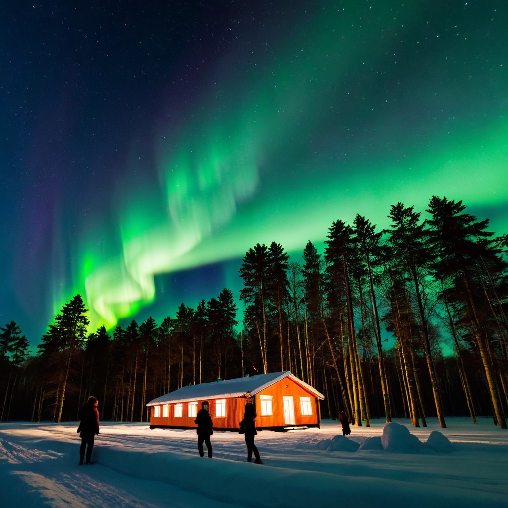 Cozy Cabin Under Northern Lights in Winter Landscape