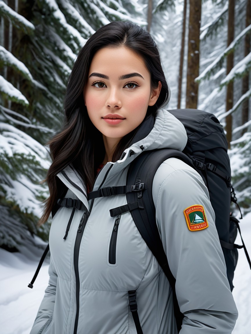 Young woman in grey jacket stands in snowy forest
