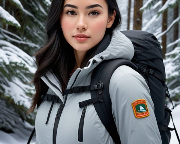 Young woman in grey jacket stands in snowy forest