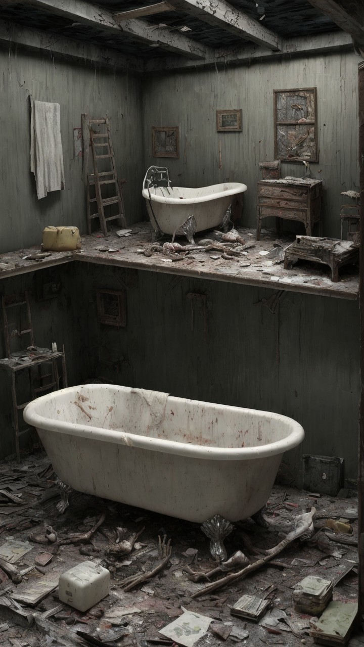 Decrepit bathroom with vintage clawfoot bathtubs