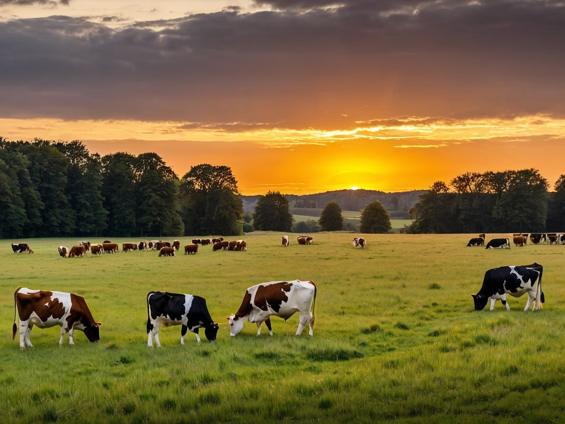 Serene Sunset Landscape with Grazing Cows