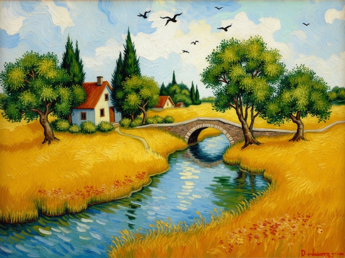 Countryside Landscape with House and Winding River
