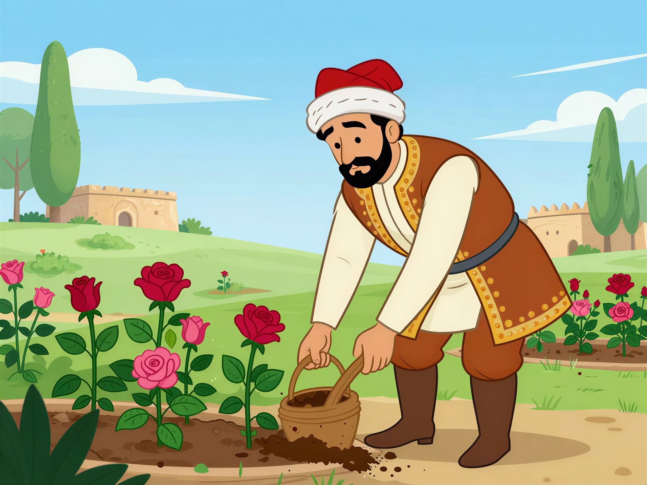 Cartoon of a man gardening with rose bushes and basket