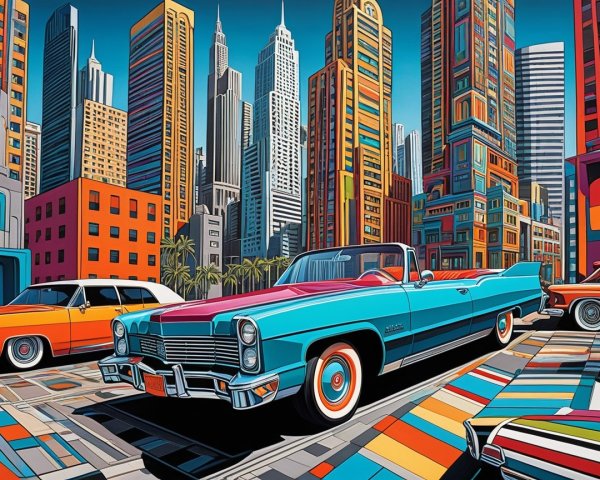 Vibrant City Street with Classic Cars and Geometric Buildings