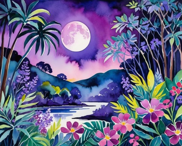 Vibrant Watercolor of Tropical Landscape at Night