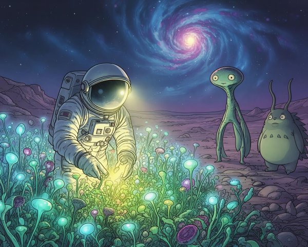 Astronaut Studies Glowing Alien Plants on Distant Planet