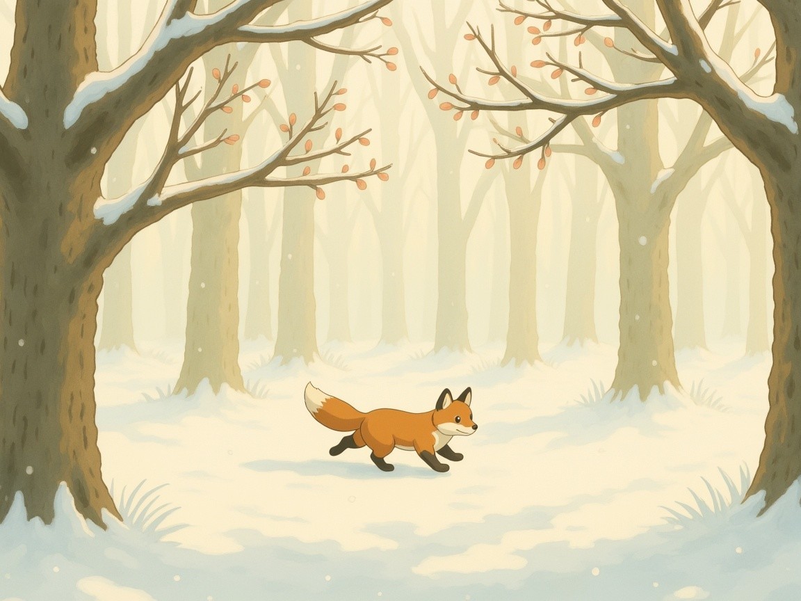 Cheerful fox in a tranquil snow-covered forest