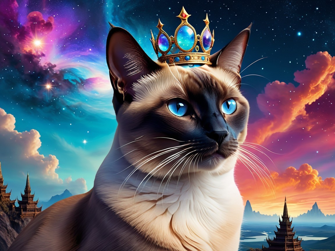 Regal Siamese Cat in Cosmic Setting with Crown