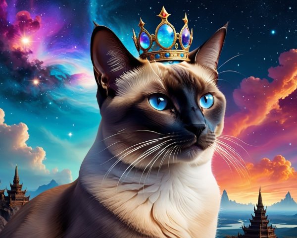 Regal Siamese Cat in Cosmic Setting with Crown