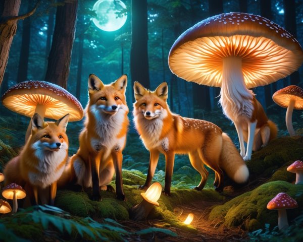 Foxes in a mystical forest with glowing mushrooms