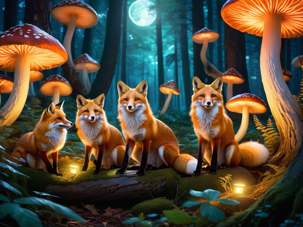 Magical forest scene with glowing moon and foxes