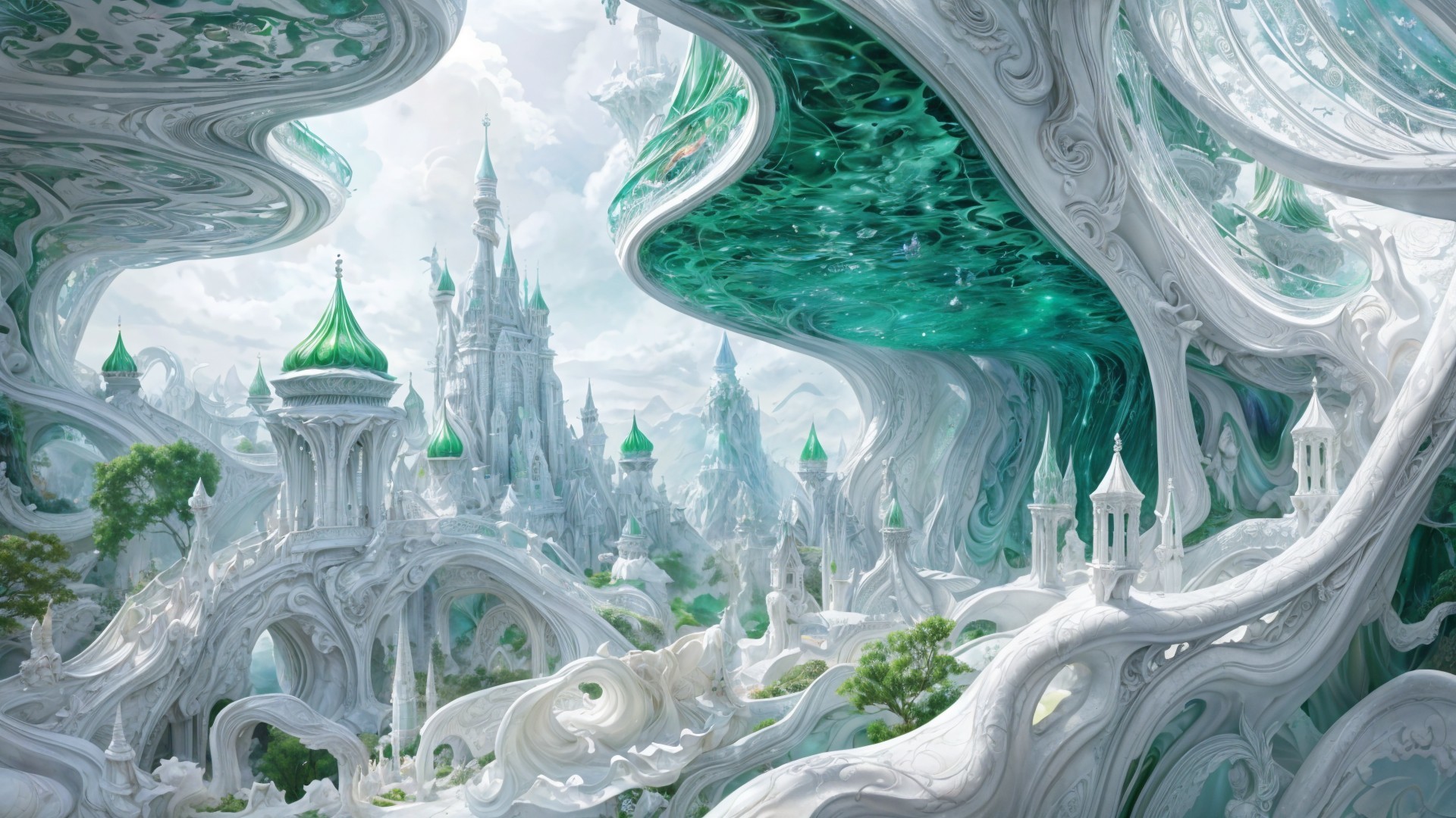 Fantastical Landscape with Ethereal Architecture and Colors