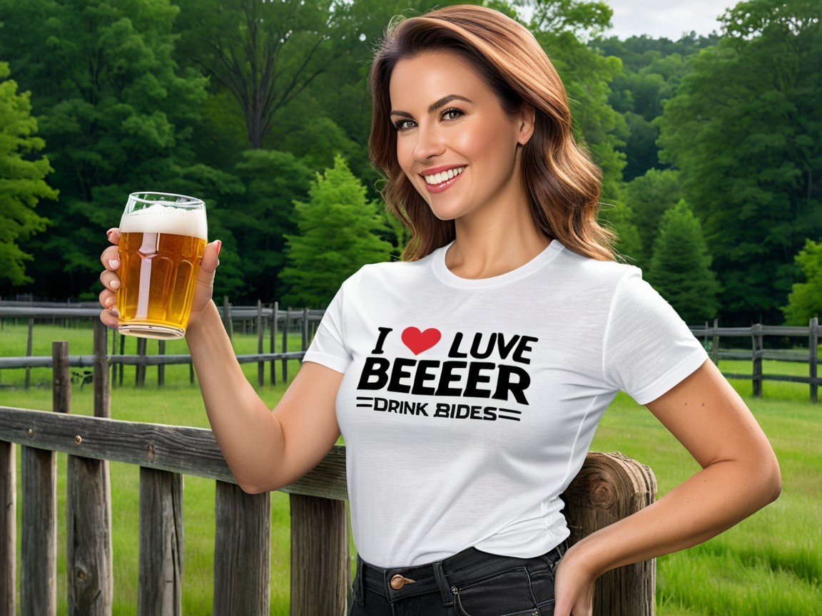 Cheerful woman in white shirt holding beer outdoors