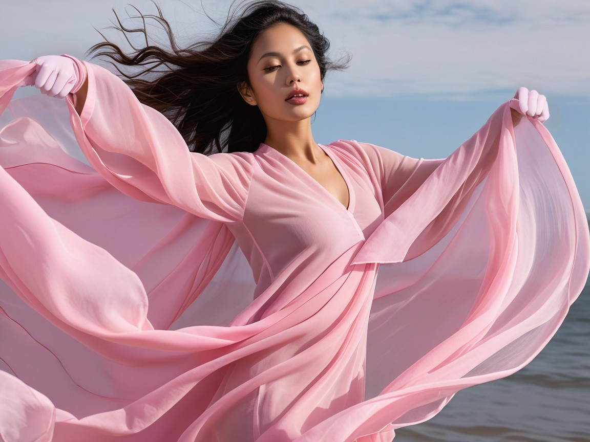 Close-Up of Woman in Sheer Pink Dress by Ocean