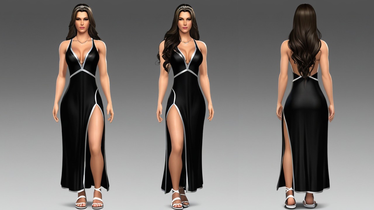 Young woman in black evening gown with silver trim