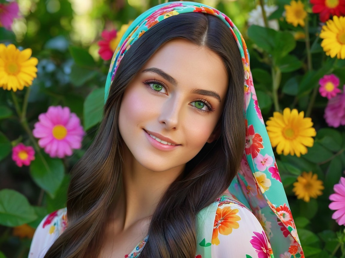 Woman with Brown Hair in Floral Garden Headshot