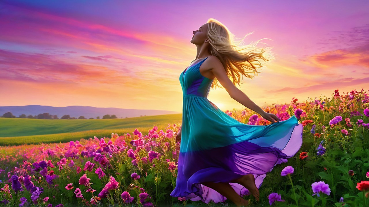 Blonde Woman in Teal Dress in Flower Field at Sunset