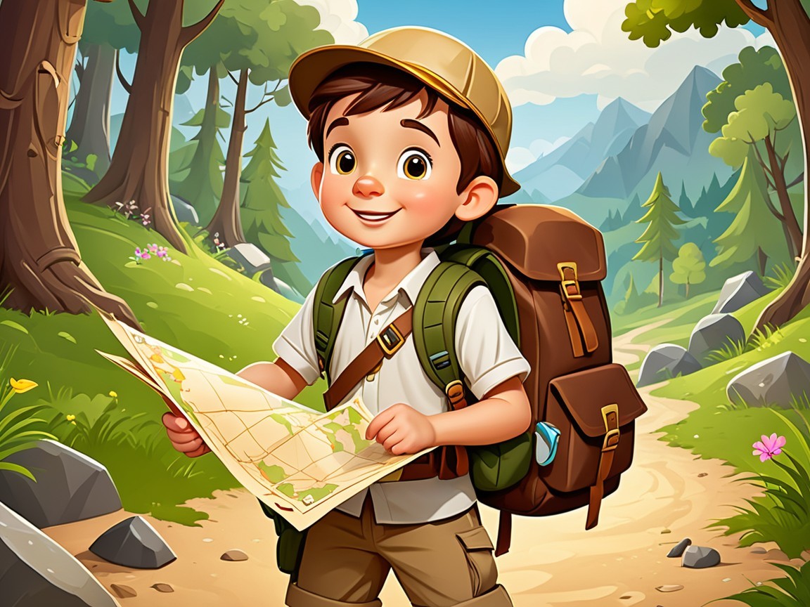 Young Boy on Scenic Hiking Trail with Map and Backpack