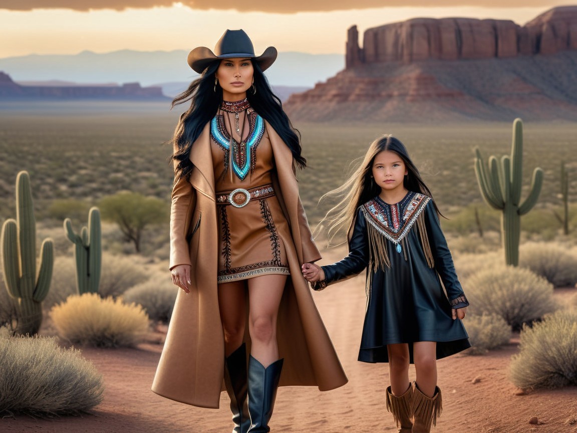 Woman and Girl in Desert Landscape with Cacti
