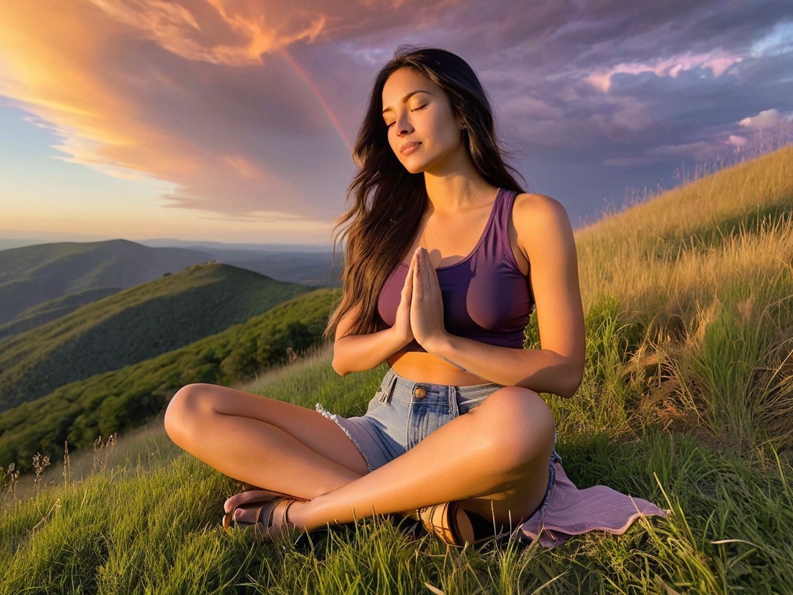 Woman Meditating at Sunset on Green Hillside