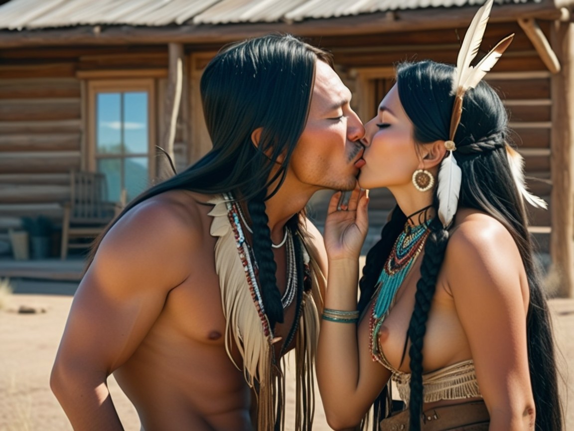 Native American Couple Sharing a Passionate Kiss