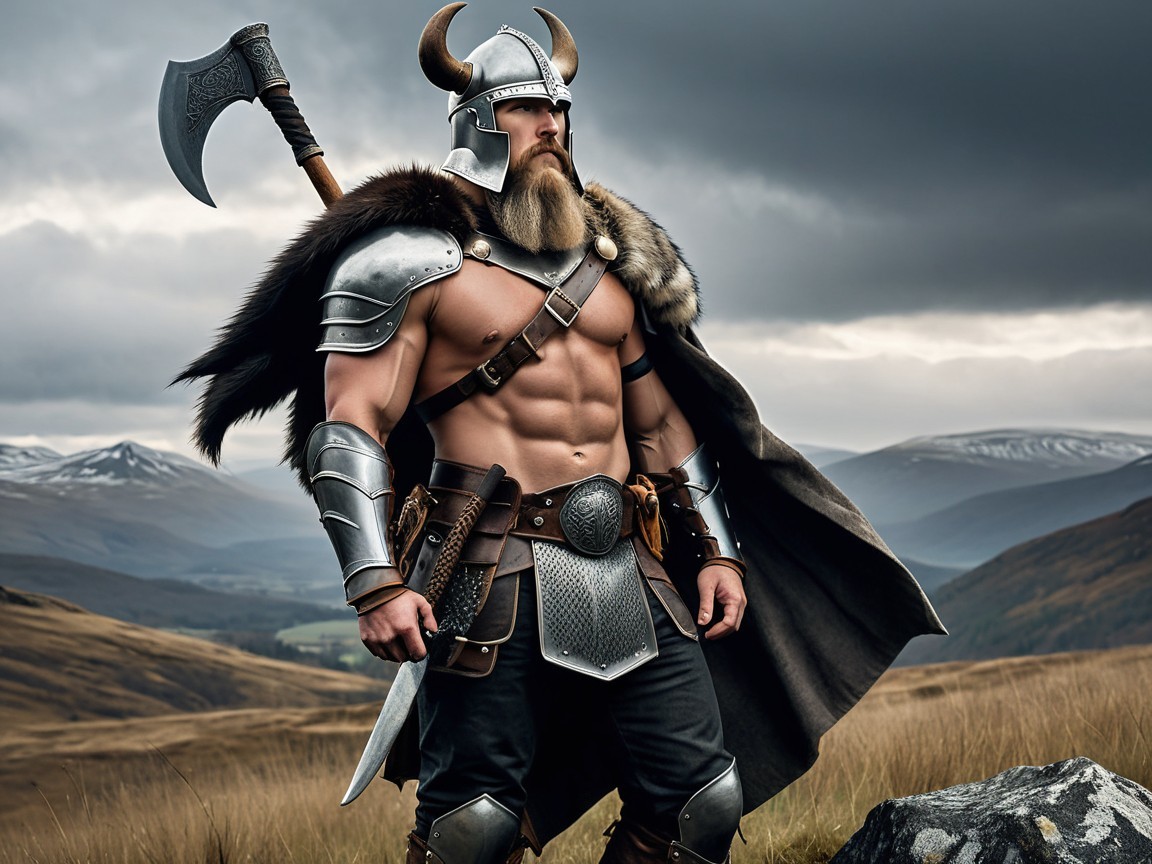 Muscular Warrior in Gleaming Armor and Dramatic Landscape