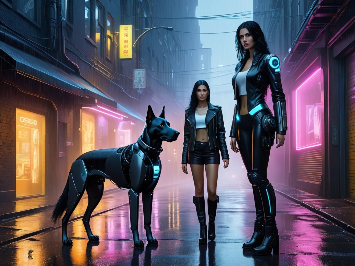 Robotic Dog and Women in Rainy Cyberpunk City