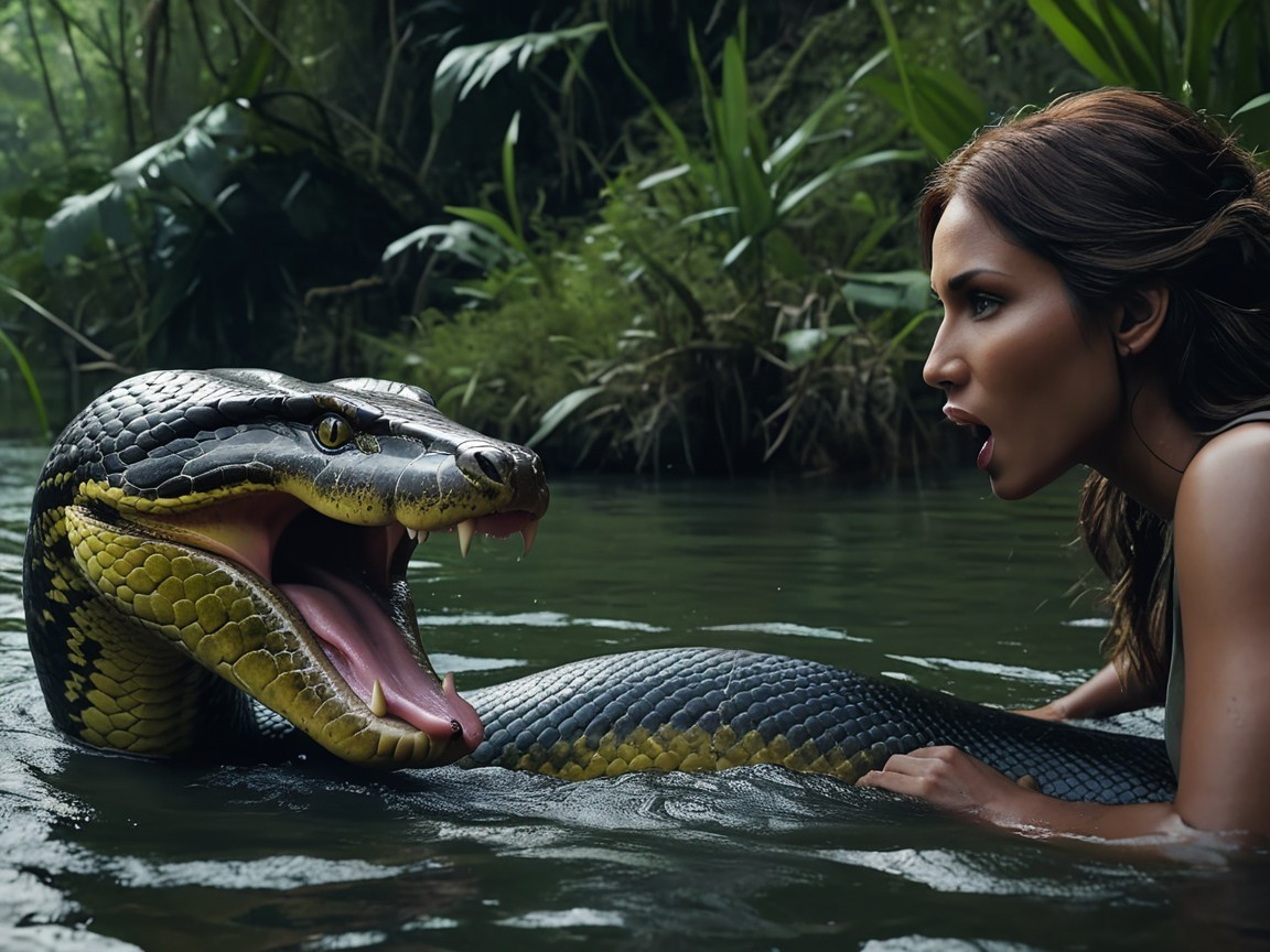 Terrified Woman in Dark Water with Approaching Anaconda