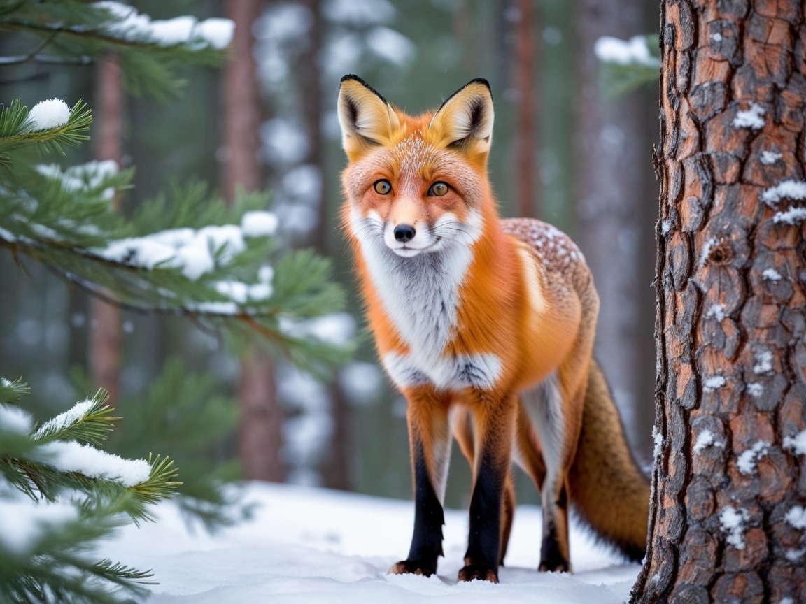Vibrant orange fox in snowy forest setting