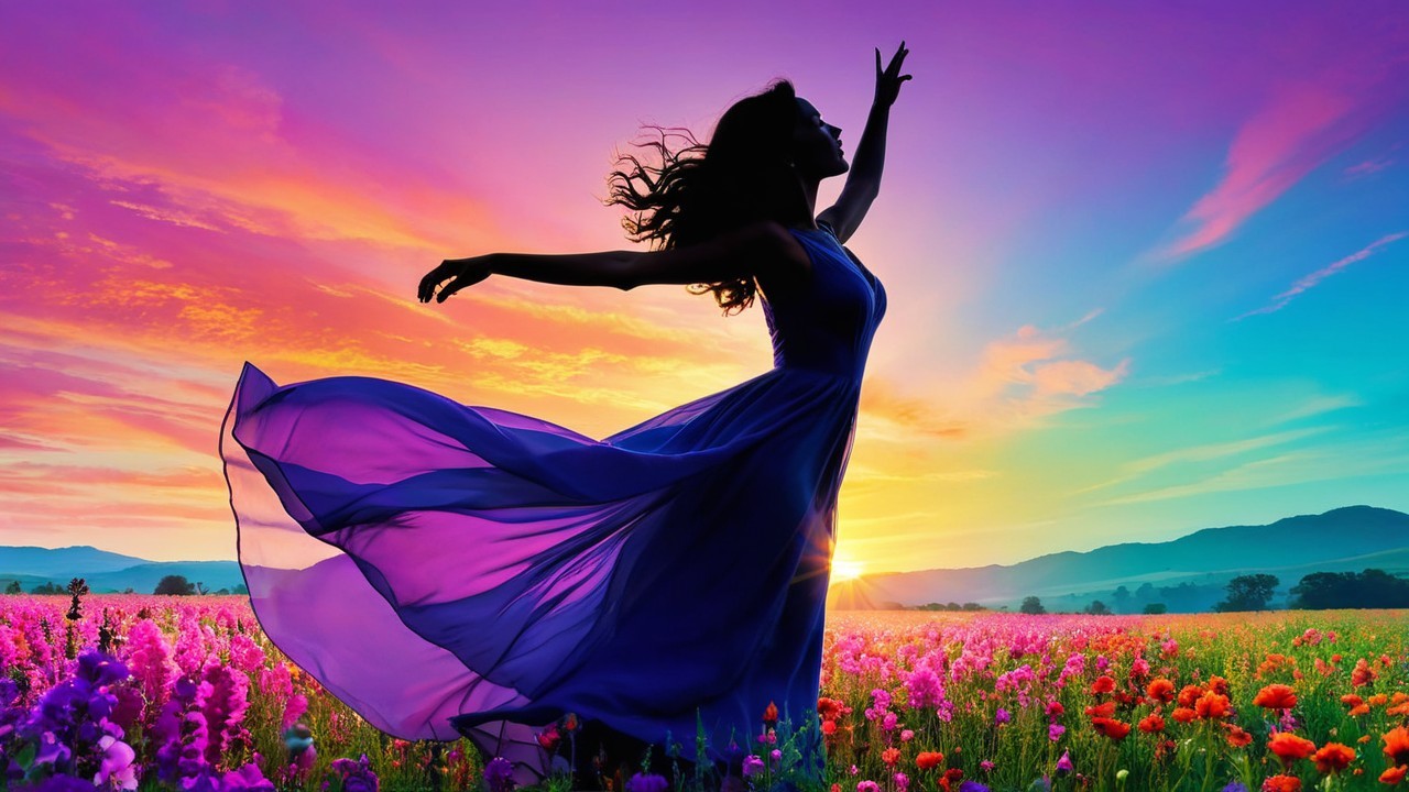 Silhouette of a woman in a purple dress at sunset