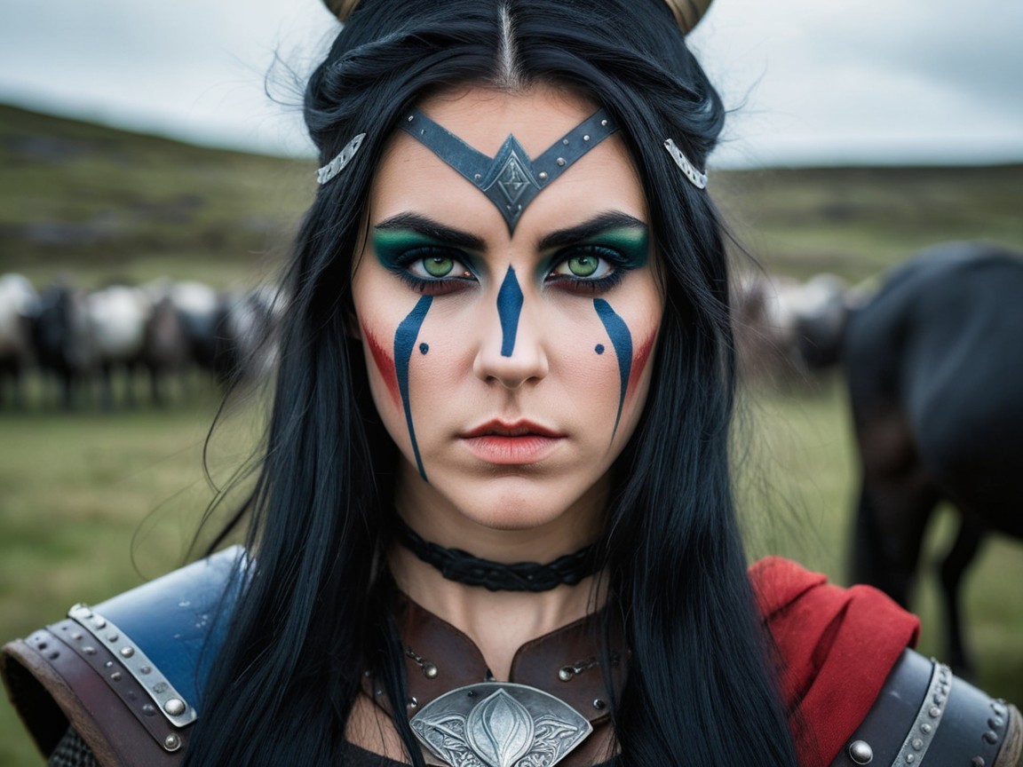 Woman with Black Hair and Blue War Paint Outdoors