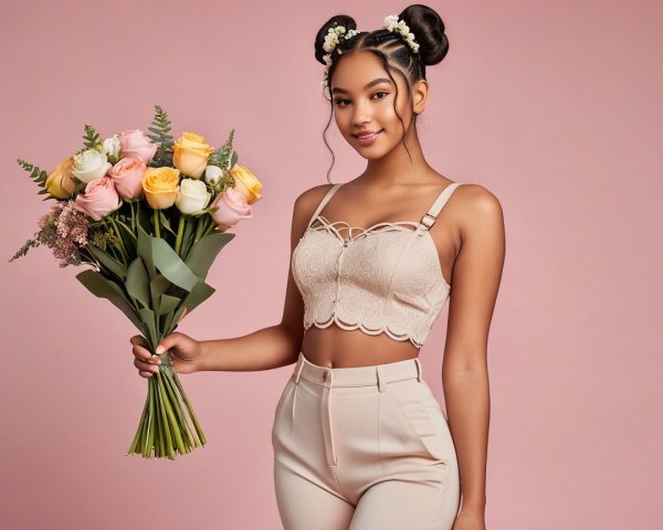Young woman with floral bouquet on pink background