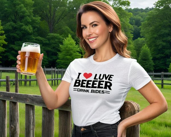 Cheerful woman in white shirt holding beer outdoors