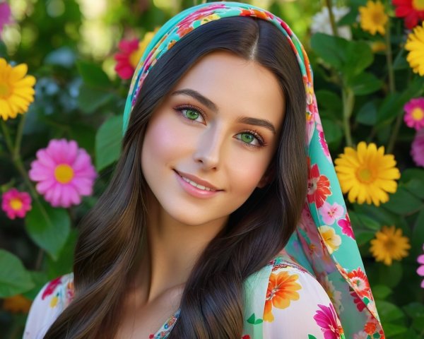 Woman with Brown Hair in Floral Garden Headshot