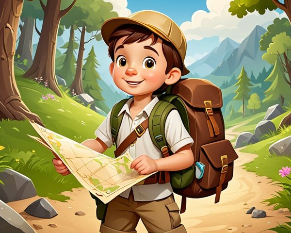 Young Boy on Scenic Hiking Trail with Map and Backpack