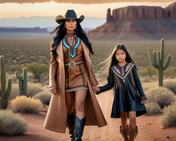 Woman and Girl in Desert Landscape with Cacti