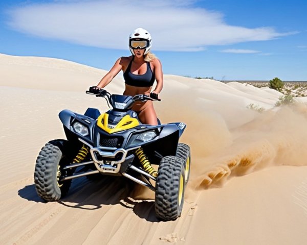 White Blonde Woman Riding ATV in Desert Landscape