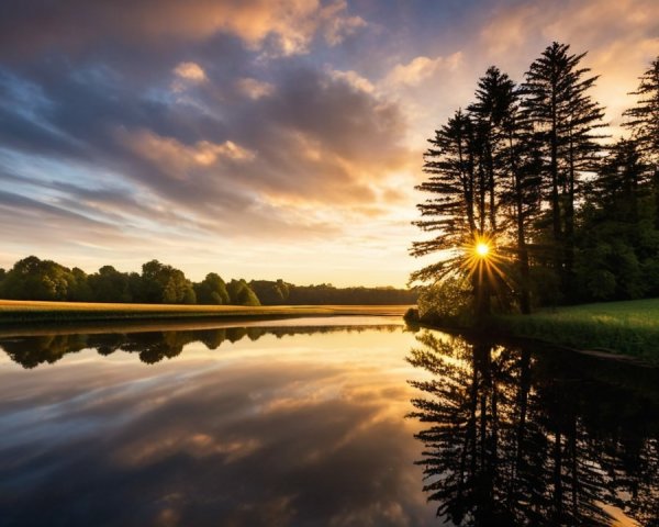 Landscape at Sunrise or Sunset with Water Reflection