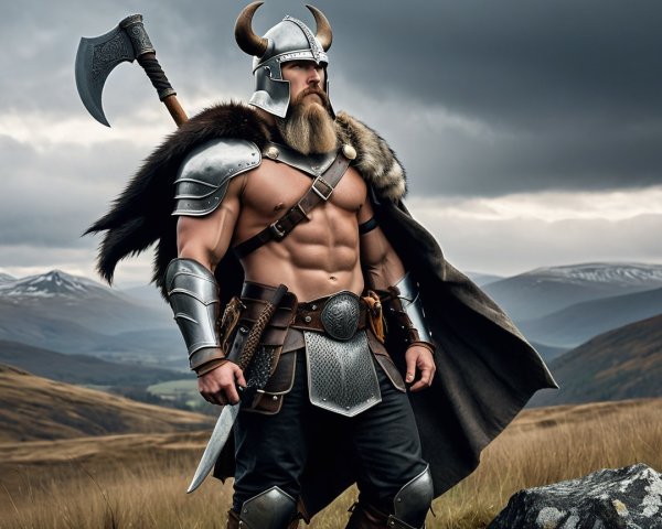 Muscular Warrior in Gleaming Armor and Dramatic Landscape
