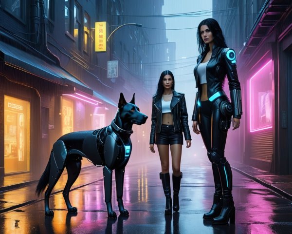 Robotic Dog and Women in Rainy Cyberpunk City